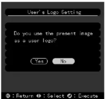 User's Logo Setting Do you use the present image as a user logo? Yes No : Return : Select : Execute