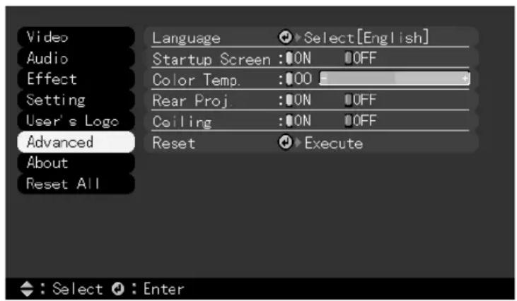 Video Audio Effect Setting User's Logo Advanced About Reset All Language Select [English] Startup Screen :ON OFF Color Temp. :00 + Rear Proj. :ON OFF Ceiling :ON OFF Reset Execute : Select : Enter