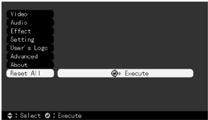 Video Audio Effect Setting User's Logo Advanced About Reset All Execute : Select : Execute