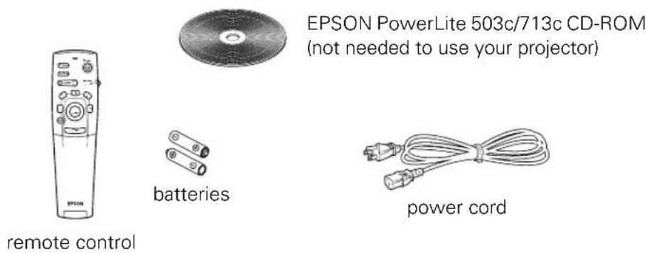 EPSON PowerLite 503c/713c CD-ROM (not needed to use your projector) batteries power cord remote control