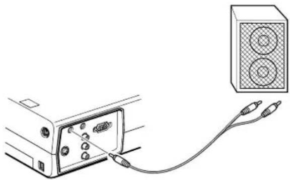Line drawing of a device with two cables connected to a speaker (no text or symbols)