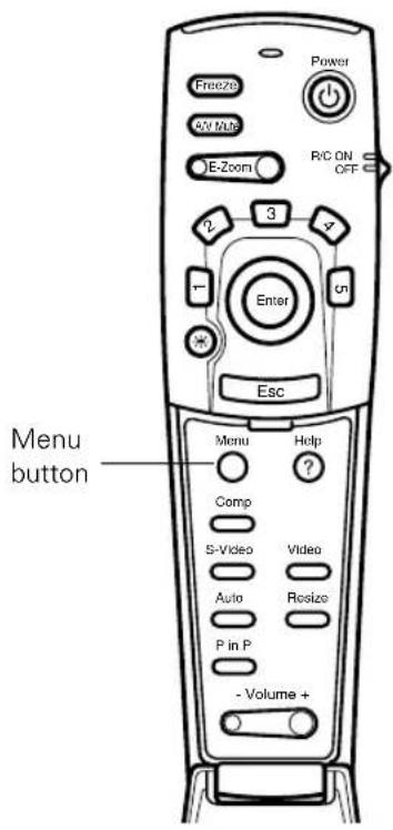 Freeze Power ON/USB E-Zoom R/C ON OFF Enter Esc Menu button Comp S-Video Video Auto Resize P in P - Volume +