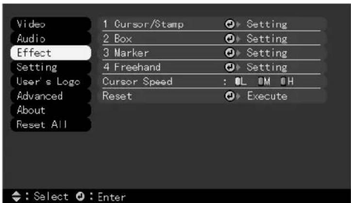 Video Audio Effect Setting User's Logo Advanced About Reset All 1 Cursor/Stamp ⬆ Setting 2 Box ⬆ Setting 3 Marker ⬆ Setting 4 Freehand ⬆ Setting Cursor Speed : OL OM OH Reset ⬆ Execute : Select ⬆ : Enter