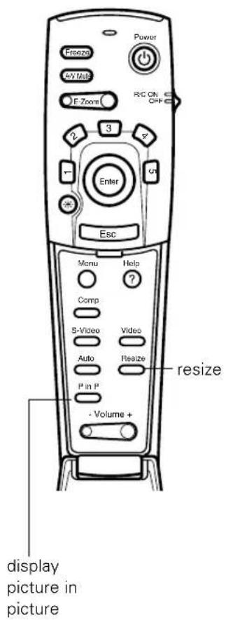 Freeze OK/Help E-Zoom Power R/C ON OFF Enter Esc Menu Help Comp 5-Video Video Auto Resize P in P Volume + resize display picture in picture