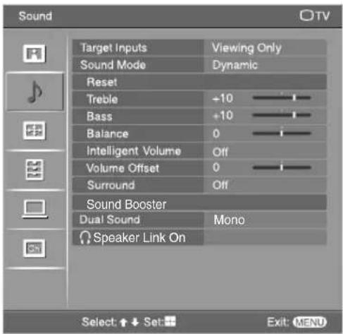 Sound Target Inputs Viewing Only Sound Mode Dynamic Reset Treble +10 Bass +10 Balance 0 Intelligent Volume Off Volume Offset 0 Surround Off Sound Booster Dual Sound Mono Speaker Link On Select: ↑↓ Set: Exit: MENU