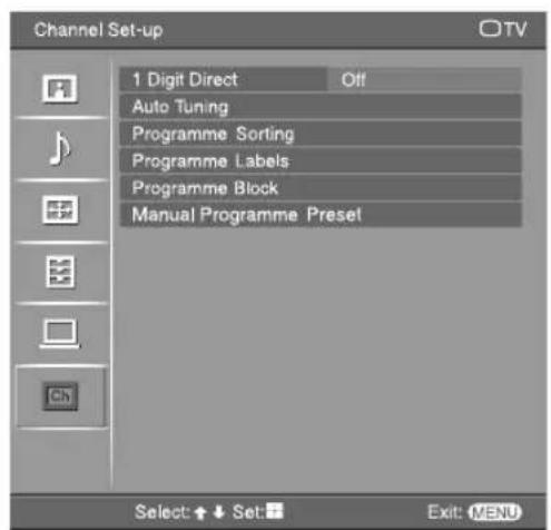 Channel Set-up 1 Digit Direct Off Auto Tuning Programme Sorting Programme Labels Programme Block Manual Programme Preset Select: ↑↓ Set: □ Exit: MENU