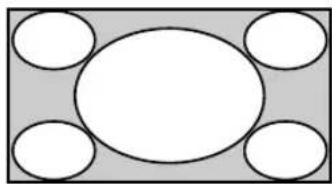 Simple diagram with a central oval and four surrounding empty circles arranged in a symmetrical pattern (no text or symbols)