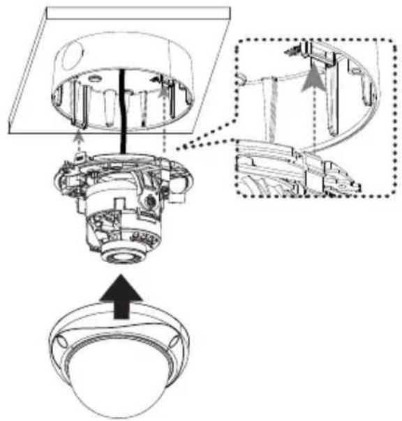 Technical diagram showing mechanical assembly with labeled components and directional arrows indicating assembly steps