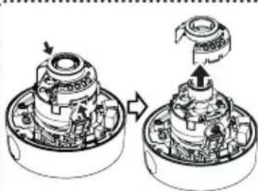 Technical illustration of a mechanical assembly showing internal components before and after assembly (no text or symbols)