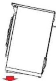 Simple line drawing of a rectangular frame with a red arrow pointing downward (no text or symbols)