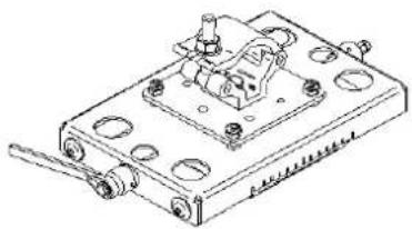 Technical line drawing of a mechanical assembly with mounting holes and a handle (no text or symbols)