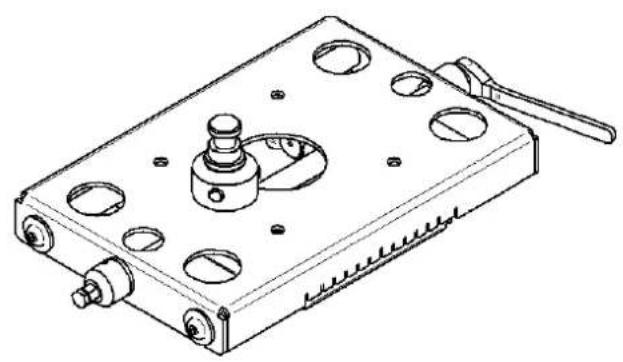 Technical line drawing of a mechanical component with holes and a tool (no text or symbols)