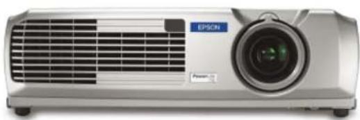 Exterior view of a silver projector with a visible lens and ventilation grille (no text or symbols)
