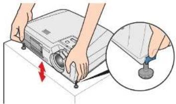 Illustration of hands operating a projector with a magnified inset showing the insertion process (no text or symbols)