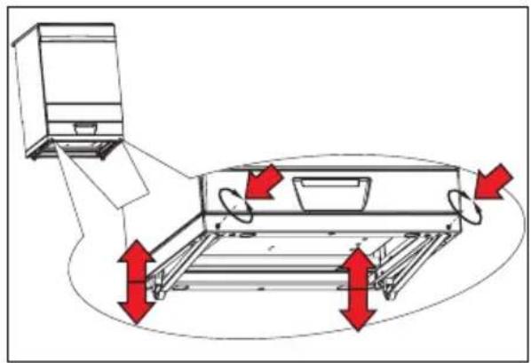 Diagram of a kitchen appliance with red directional arrows indicating airflow or movement (no text or symbols)