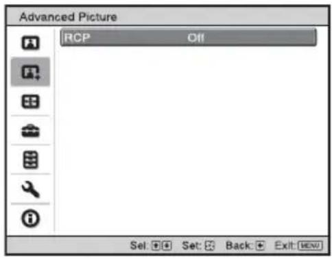 Advanced Picture RCP Off Sel: Set: Back: Exit: View