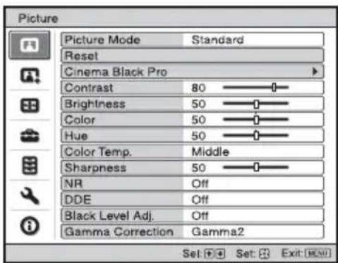 Picture Picture Mode Standard Reset Cinema Black Pro Contrast 80 —— Brightness 50 —— Color 50 —— Hue 50 —— Color Temp. Middle Sharpness 50 —— NR Off DDE Off Black Level Adj. Off Gamma Correction Gamma2 Set: Set: Exit: [OK]