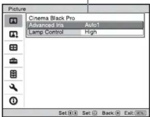 Picture Cinema Black Pro Advanced Iris Auto1 Lamp Control High Set: Set: Back: Exit: