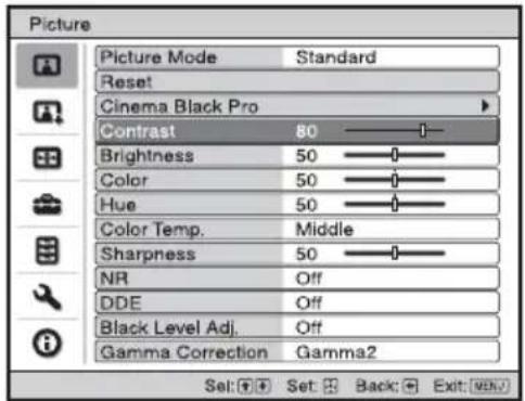 Picture Picture Mode Standard Reset Cinema Black Pro Contrast 80 Brightness 50 Color 50 Hue 50 Color Temp. Middle Sharpness 50 NR Off DDE Off Black Level Adj. Off Gamma Correction Gamma2 Set: Set Back Exit: Export