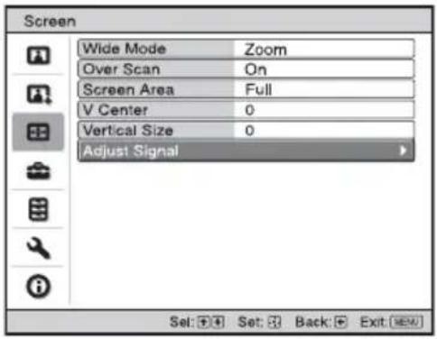 Screen Wide Mode Zoom Over Scan On Screen Area Full V Center 0 Vertical Size 0 Adjust Signal Set: Set: Back: Exit