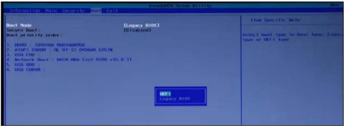 Information Main Security Boot Exit Boot Mode [Legacy BIOS] Secure Boot: [Disabled] Boot priority order: 1. HDMI : TOSHIBA BOOTM050 2. ATAPI COROM : HL-01-ST OVDRAM GTSIN 3. USB FDO : 4. Network Boot : BRCN HBA Slot 0200 v15.0.11 5. USB HDMI : 6. USA COROM : UEFI Legacy BIOS Flow Specific Help Selec…