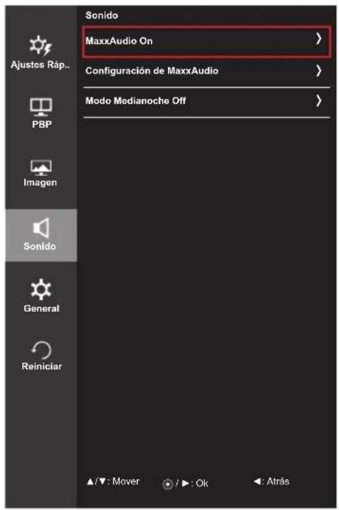 Sonido MaxxAudio On > Configuración de MaxxAudio > Modo Medianoche Off > Ajustos Rap.. PBP Imagen Sonido General Reiniciar ▲/▼: Mover / ▶: Ok ←: Atrás