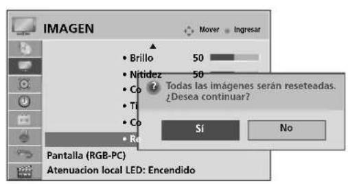 IMAGEN Mover Ingresar Brillo 50 Nitidez 50 ? Todas las imágenes serán reseteadas. ¿Desea continuar? Sí No Pantalla (RGB-PC) Atenuacion local LED: Encendido