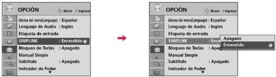 OPCIÓN Idioma del menú(Language) : Español Lenguaje de Audio : Inglés Etiqueta de entrada SIMPLINK : Encendido Bloqueo de Teclas : Apagado Manual Simple Subtítulo : Apagado Indicador de Poder OPCIÓN Idioma del menú(Language) : Español Lenguaje de Audio : Inglés Etiqueta de entrada SIMPLINK : Encendi…