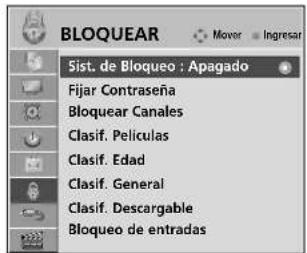 BLOQUEAR Sist. de Bloqueo : Apagado Fijar Contraseña Bloquear Canales Clasif. Películas Clasif. Edad Clasif. General Clasif. Descargable Bloqueo de entradas