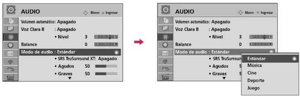 AUDIO Volumen automático: Apagado Voz Clara II : Apagado • Nivel 3 Balance 0 L111118 Modo de audio : Estándar • SRS TruSurround XT: Apagado • Agudos 50 • Graves 50 → AUDIO Volumen automático: Apagado Voz Clara II : Apagado • Nivel 3 Balance 0 L111118 Modo de audio : Estándar • SRS TruSurround XT: Ap…