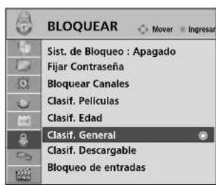 BLOQUEAR Sist. de Bloqueo : Apagado Fijar Contraseña Bloquear Canales Clasif. Películas Clasif. Edad Clasif. General Clasif. Descargable Bloqueo de entradas