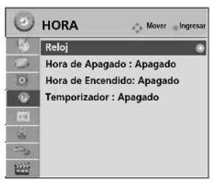 HORA Mover Ingresar Reloj Hora de Apagado : Apagado Hora de Encendido: Apagado Temporizador : Apagado