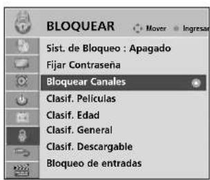 BLOQUEAR Sist. de Bloqueo : Apagado Fijar Contraseña Bloquear Canales Clasif. Películas Clasif. Edad Clasif. General Clasif. Descargable Bloqueo de entradas