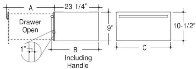 A 23-1/4" Drawer Open 1" B Including Handle 9" C 10-1/2"