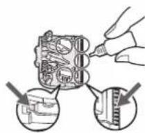 Diagram showing a hand using a tool to adjust internal components, with arrows highlighting specific parts of the component.