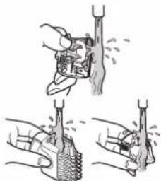 Illustration of three hand positions showing a tool interacting with a bottle, no text or symbols present