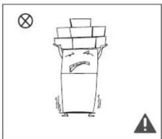 Simple line drawing of a distressed trash can with a sad face and warning symbols (no text or labels)