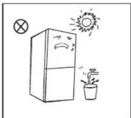 Simple line drawing of a refrigerator with sun and potted plant (no text or symbols)