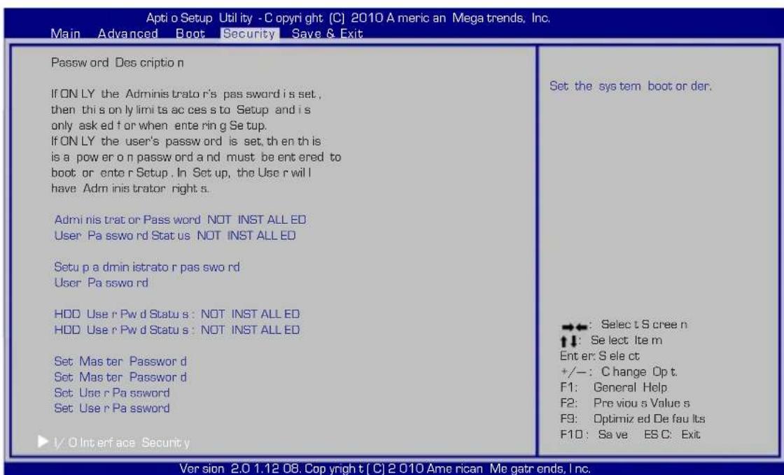 Aptio Setup Utility - C Copyright (C) 2010 A meric an Mega trends, Inc. Main Advanced Boot Security Save & Exit Password Des criptio n If ON LY the Adminis trato r's pas sword i s set, then this on ly limi ts ac ces s to Setup and i s only ask ed f or when ente ring Set up. If ON LY the user's passw…