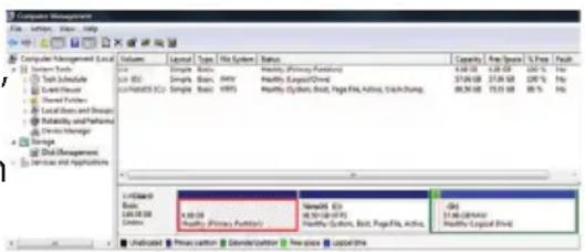 Computer Management File Edit View Help Volume Layout Type File System Status Capacity Free Space % Free Path C:\Users\System Tools Basic Simple Basic Healthy (Primary Function) C:\OS Basic Simple Basic Healthy (Legacy) Healthy System,Best,PageFile,Action,Stacking 8.00 GB 12.00 GB 100% % % % % % % %…