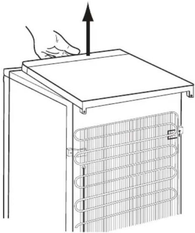 Line drawing of a hand pressing down on a metal heating unit with a vertical arrow indicating upward motion (no text or symbols)