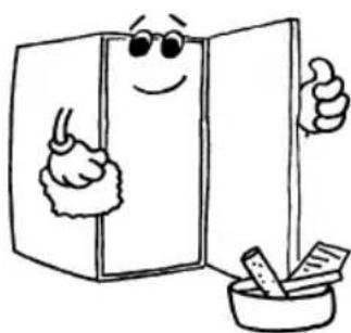 Cartoon illustration of a smiling refrigerator with thumbs up and food items nearby (no text or symbols)