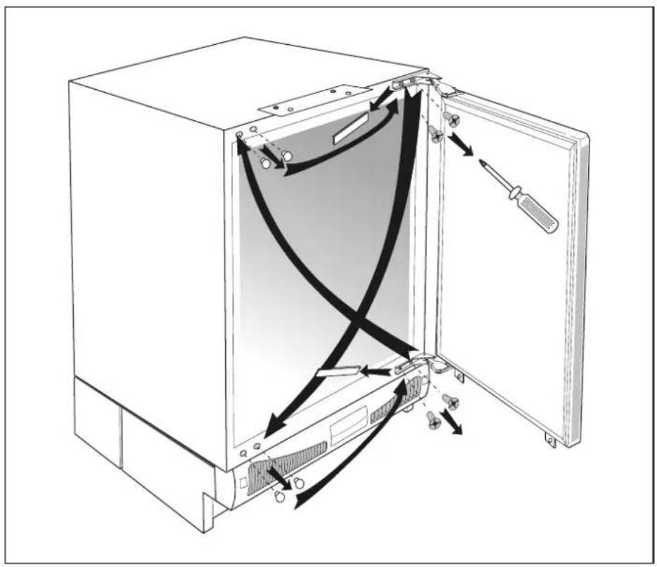 Diagram of an open refrigerator with internal components and directional arrows indicating flow or movement (no text or symbols present)