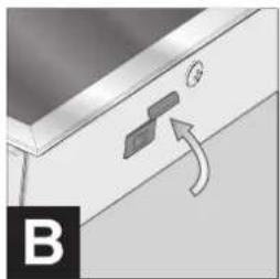 Diagram of a door handle with a scroll and directional arrow, no text or symbols present