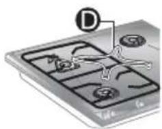 Diagram showing a device with labeled components and a circular symbol D pointing to it, likely indicating a status or location.