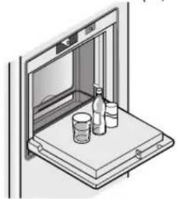 Isometric line drawing of a window with bottles and cups on a tray (no text or symbols)