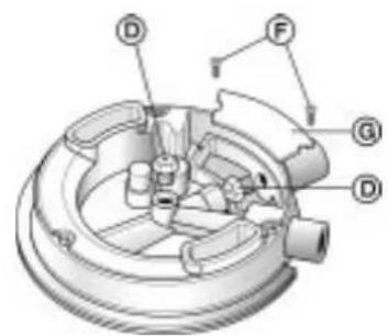 Technical diagram of a mechanical assembly with labeled parts D, F, G, and others