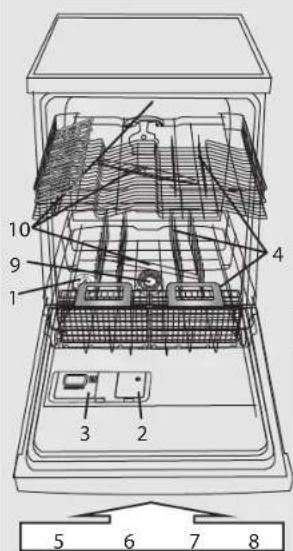 Technical diagram of an open refrigerator with numbered parts labeled 1 through 10