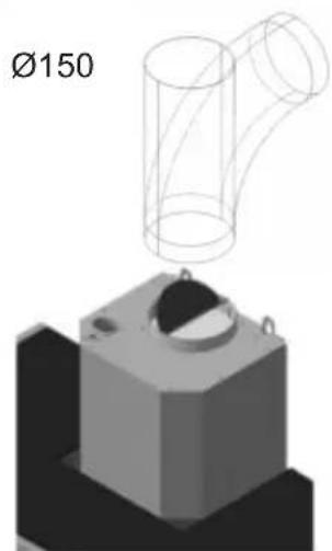 3D mechanical component diagram showing a cylindrical pipe above a base with a circular top (no text or symbols)