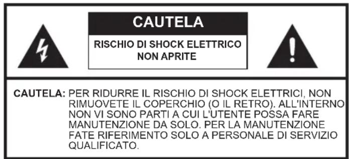 CAUTELA RISCHIO DI SHOCK ELETTRICO NON APRITE CAUTELA: PER RIDURRE IL RISCHIO DI SHOCK ELETTRICI, NON RIMUOVETE IL COPERCHIO (O IL RETRO). ALL'INTERNO NON VI SONO PARTI A CUI L'UTENTE POSSA FARE MANUTENZIONE DA SOLO. PER LA MANUTENZIONE FATE RIFERIMENTO SOLO A PERSONALE DI SERVIZIO QUALIFICATO.